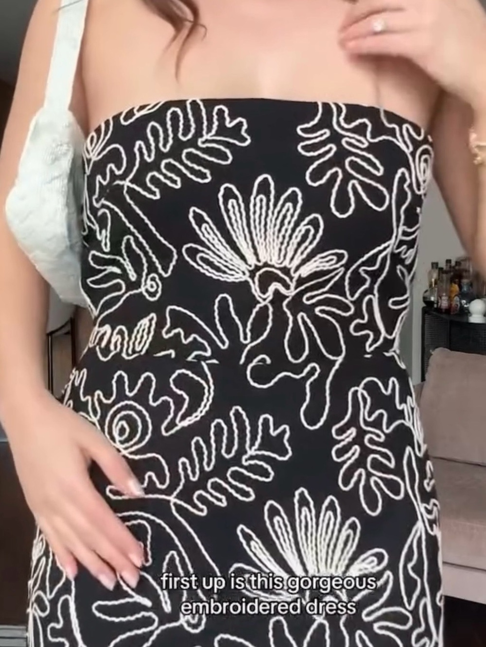 LOFT Black Strapless Midi Dress White Tropical Line Embroidered Print NWT - Picture 5 of 7